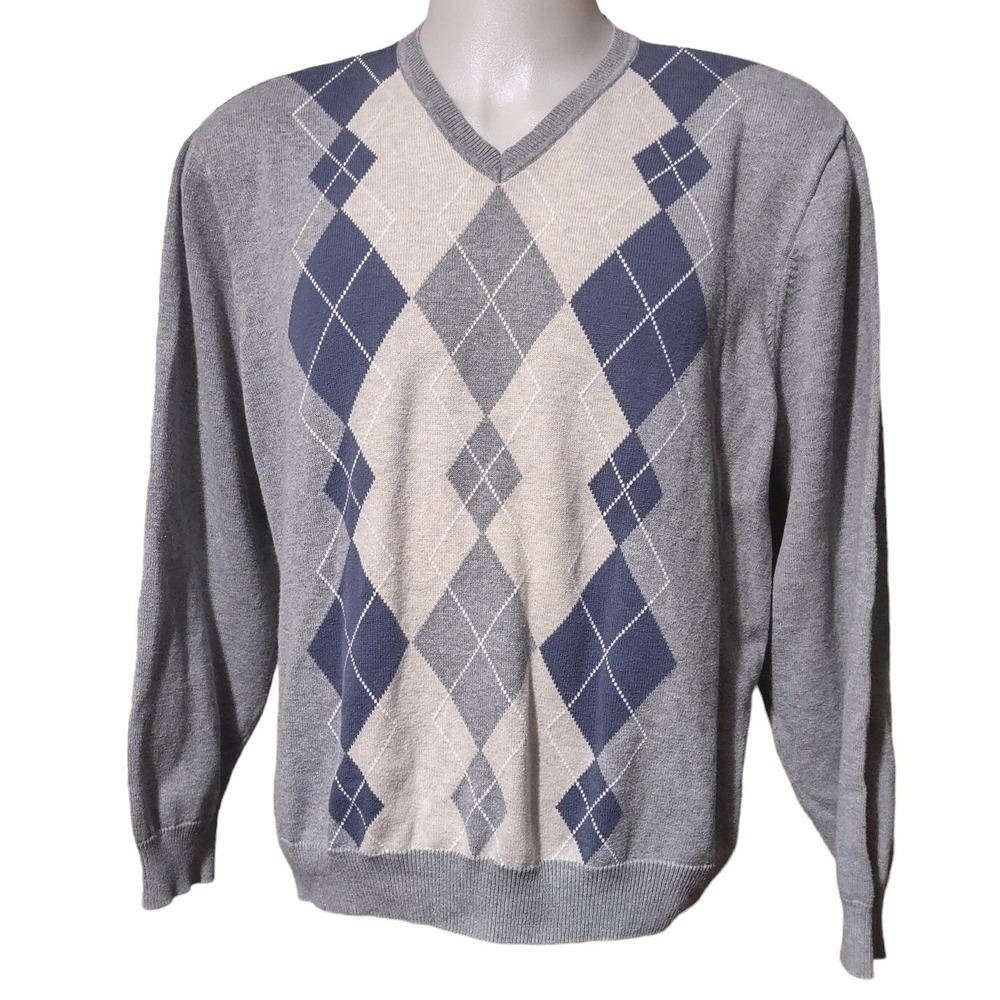 IZOD Sweater XL Mens Argyle V-Neck Preppy Grey Retro Grandpa Cabin Core Pullover